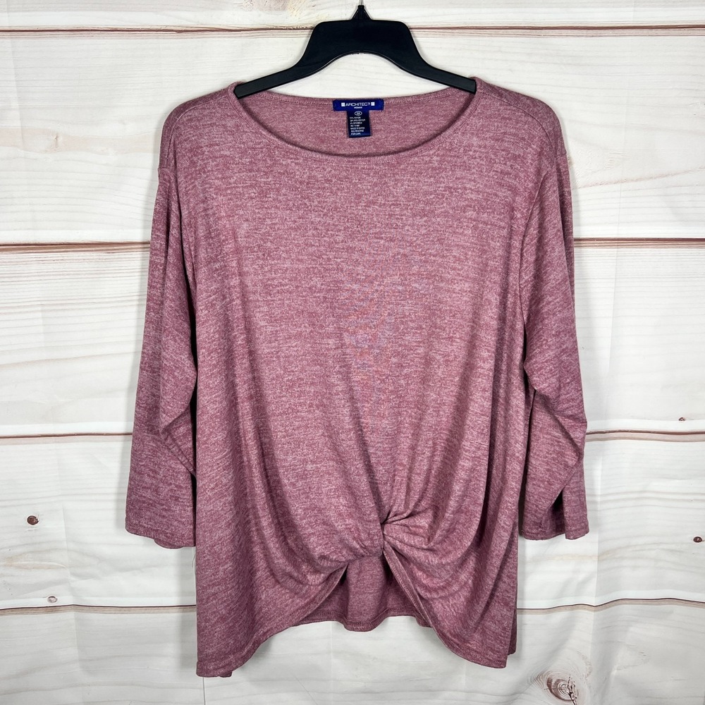 Architect Top Womens 3X Pink Knit Blouse Twist Front Scoop Neck 3/4 Sleeve Solid